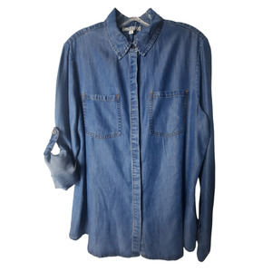 Wonderful & Young long sleeve embroidered feathers blue jean shirt XL